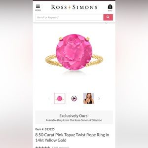 Pink topaz 8.50 carat 14 kt gold ring Ross Simons size 5